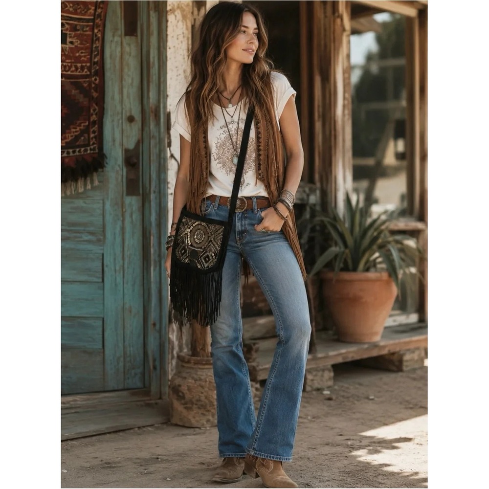 Big Buddha Boho Beaded Fringe Shoulder Bag Black & Gold Tribal Pattern